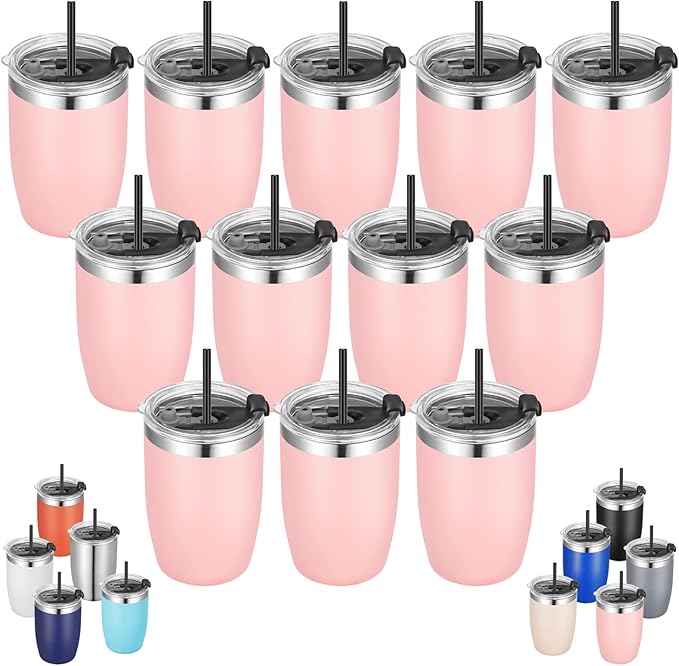 VEGOND Stainless Steel 12 oz Tumblers bulk Vacuum Insulated Double Wall Travel Tumbler with Lid and Straw Reusable Tumbler,Pink 12 pack