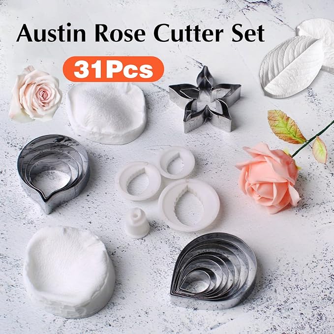KALAIEN 31Pcs Austin Rose Cutter Set Rose Petals Silicone Fondant Mould Veining Petal Sugar Flower Making Tool
