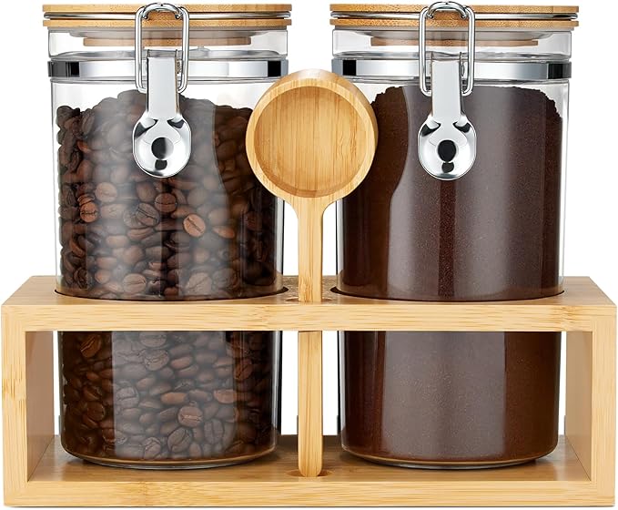 Yangbaga 2Pcs Coffee Sugar Canisters with Shelf, 38OZ Plastics Storage Containers for Ground Coffee Bean Storage with Lid Airtight Locking Clamp and Coffee Scoop, Food Storage Jar for Kitchen