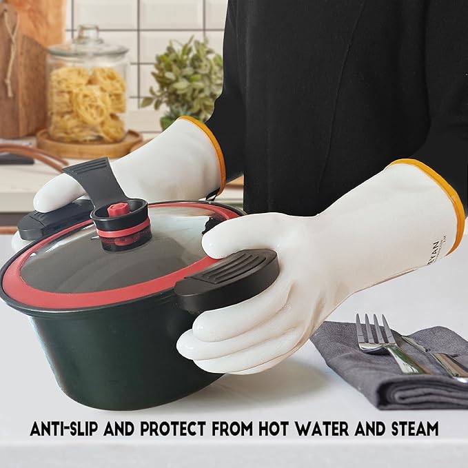 DEYAN Silicone BBQ & Oven Gloves - Food Grade, Heat Resistant Waterproof & Oil Proof Gloves for Grilling, Baking, Frying, Cooking - Long Sleeve & Non-Slip Grip, 1 Pair (White, 8/M)