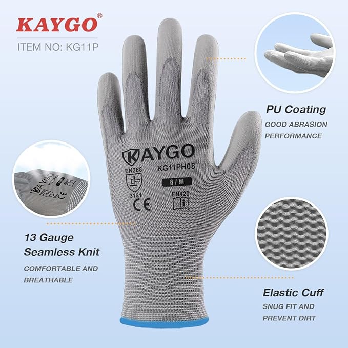 KAYGO Safety Work Gloves PU Coated-12 Pairs, KG11PB, Seamless Knit Glove with Polyurethane Coated Smooth Grip on Palm & Fingers, for Men and Women (2X-Large, Grey)