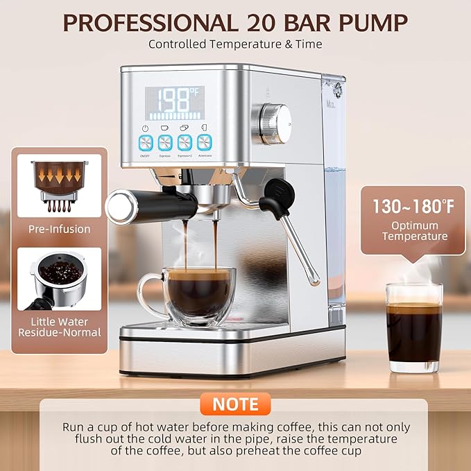 Espresso Machine 20 Bar, Stainless Compact Espresso Maker with Steam Milk Frother, 57.5OZ Water Tank, Touch Screen Indicator of Making Time, for Latte, Cappuccino, Silver (2025 updated model)