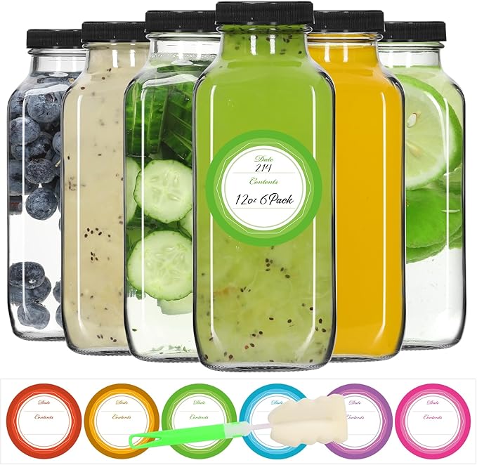 STARSIDE 12 oz Glass Juice Bottles with Lids 6 Pack - Square Reusable Drinking Jars for Juicing, Milk, Kombucha - Includes 1 Bottle Brush, 6 Colored Labels