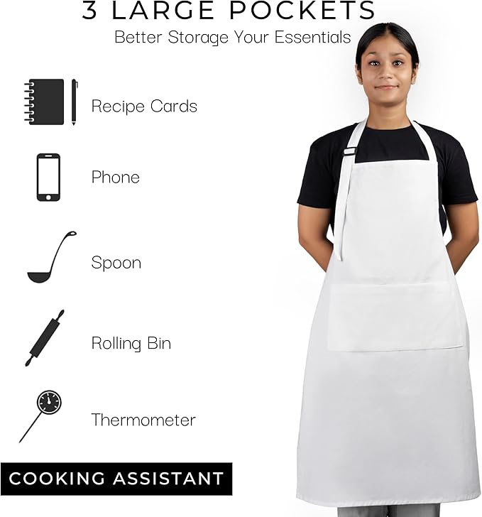 RAJRANG 100% Cotton Cooking Apron with 3 Pockets Kitchen Chef BBQ Adjustable Bib Aprons for Women Men