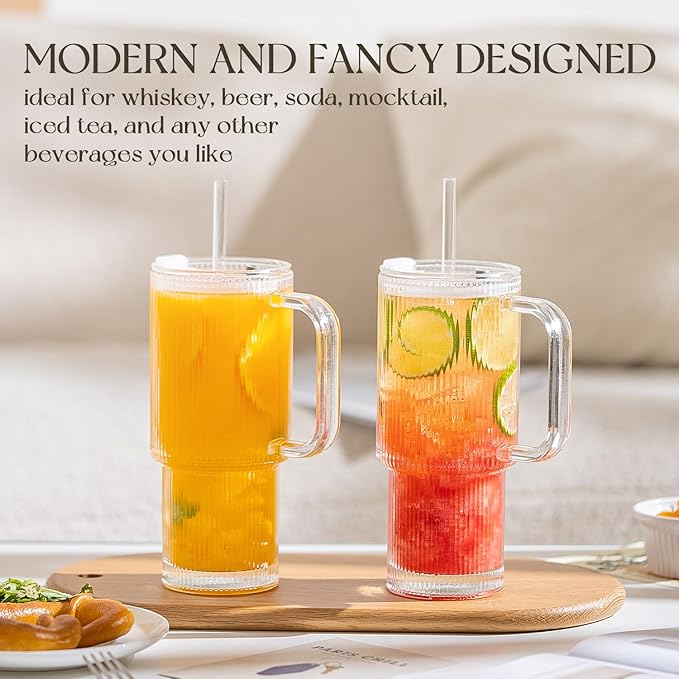 Large 26oz Clear Glass Mug with Handle and Sliding Lid – Aesthetic Ribbed Tumbler for Iced Coffee, Tea, Smoothies & Hot Drinks – Reusable Travel Cup with Straw, Dishwasher Safe (Ribbed Tumbler)