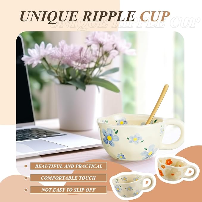 Vesici 2 Pcs Ceramic Coffee Mugs Flower Cups with Spoon Vintage Floral Mugs with Handle 8.5 oz Aesthetic Tea Porcelain Cup Gift for Valentine Office Home, Dishwasher and Microwave Safe(Vivid)