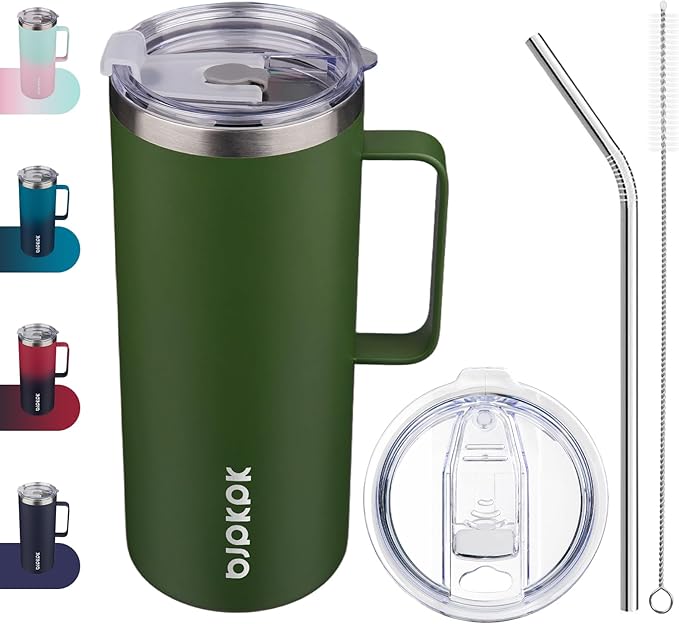 BJPKPK Insulated Coffee Mug with 2 Lids, 32oz Stainless Steel Insulated Tumbler with Handle, Double Wall Vacuum Coffee Cups, BPA Free Travel Mug for Coffee, Tea and Drinks, Forest Green