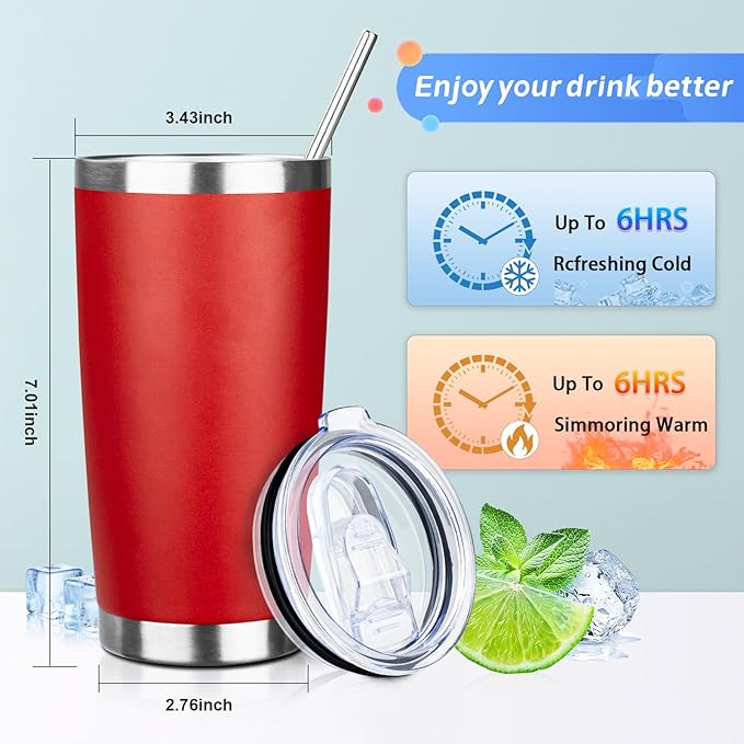 20oz Tumbler with Straw and Brush, Stainless Steel Vacuum Insulated tumbler, Double Wall Insulated Coffee Tumbler for Outdoor, Home, Travel,Office (Bright Red,1pcs)