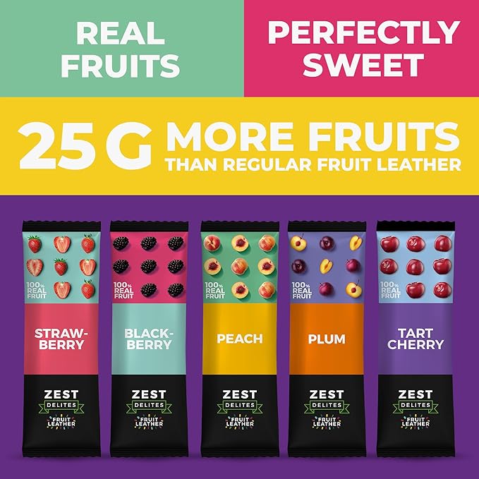 Fruit Snacks by Zest Delites, Fruit Leather Bars, Healthy Snacks for Adults & Kids, Vegan, Apple-Based, Strawberry, Peach, Blackberry, Plum, Tart Cherry, Bulk 0.88 oz x 50