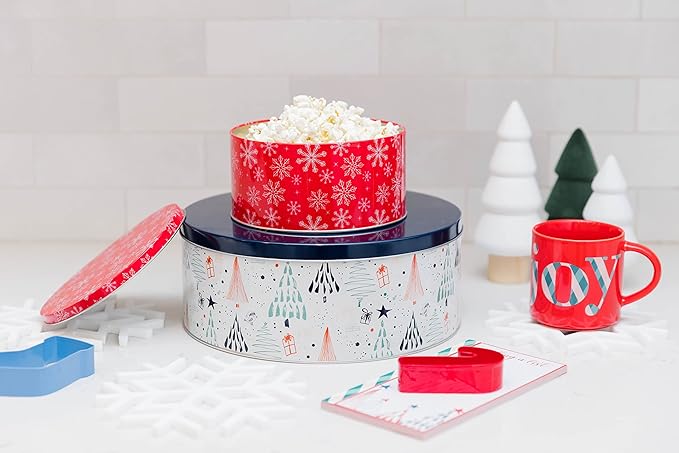 Steel Mill & Co Tin Containers with Lids, 3 Pack Christmas Cookie Tins, Festive Cookie Tins for Gift Giving & Holiday Treats, Round Metal Nesting Containers, Large Medium Small, Joy Plaid