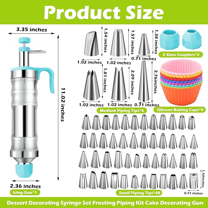 Suuker Dessert Decorating Syringe Set, Frosting Piping Kit Stainless Steels Cake Decorating Tools with 54 Piping Tips, 9 Silicone Baking Cups, Cupcake Decorating Kit