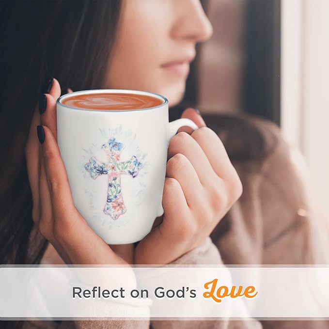 Christian Art Gifts Encouraging Ceramic Coffee & Tea Mug for Women: Pink & Light Blue Floral Cross, Cute Microwave & Dishwasher Safe Cup, Lead-free Clean Inspirational Novelty Drinkware, White, 12 oz.