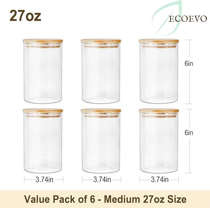 Glass Jars with Bamboo Lids (27oz in 6 Pack), Glass Food Jars and Canisters Sets, Food Storage Container with Airtight Lids, Food Pantry Jars,