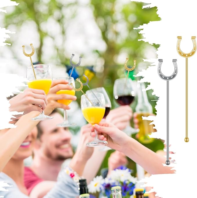 6 Inch Derby Drink Plastic Stirrers Swizzle Sticks for Cocktails Coffee Reusable U Shaped Horseshoe Drink Stirrers for Coffee Beverage Party Bar Weddings Events(Gold,silver,60 Pcs)