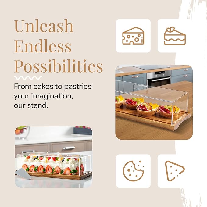 Cake Display with Lid – Acacia Wood Dessert Stand & Wooden Charcuterie Board with Lid for Loaf Cakes, Bread, Pastries, Cheese, Large Rectangle Wood Tray Platter & Acrylic Cover, 15 x 6.25”