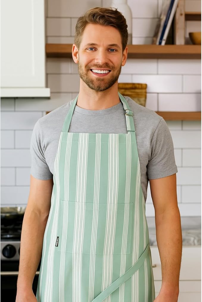 AMOUR INFINI Cotton Striped Aprons for Women with Pockets - Adjustable Strap and Waist Ties Printed Apron for Baking, Cooking, Gardening (27.5 x 33 Inches - Sage Green)