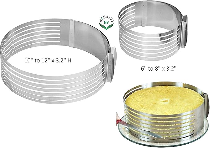 NEWLINE NY Stainless Steel Mousse Cake Rings 2 Pieces Cakes Slicer Adjustable Multilayer Circular Molding Plating Forming Round Pastry Rings, Set of 2 (10 to 12” + 6 to 8” x 3.2” H)