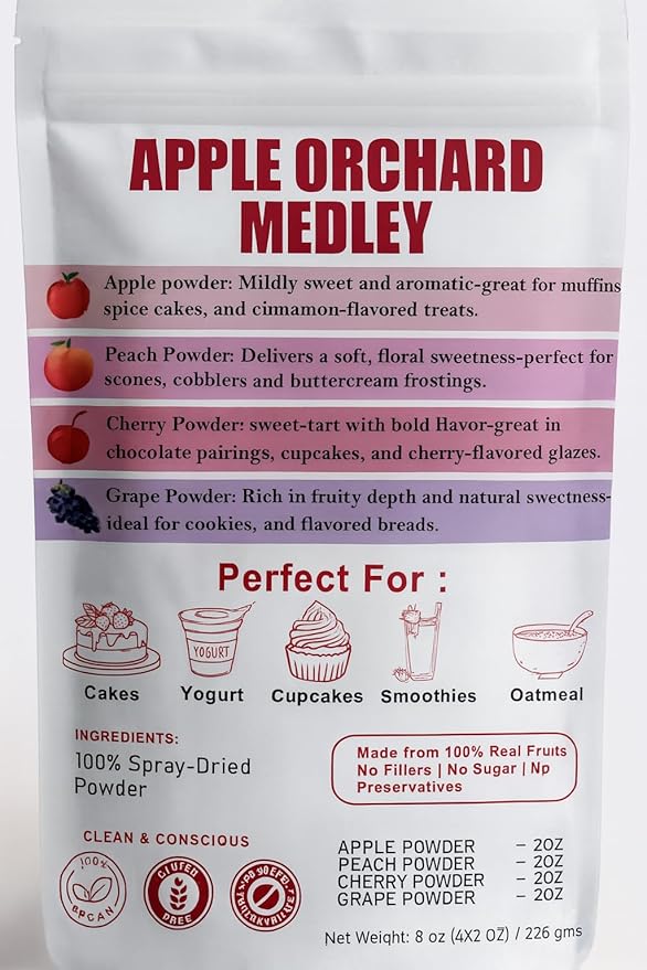 Confect Apple Orchard Medley – 4 x 1.76 Oz Fruit Powder Pack | Apple, Grape, Strawberry & Peach | For Oatmeal, Baking & Fruit Snacks | Vegan, No Sugar, Natural Flavoring – 7 Oz