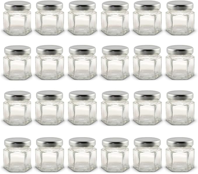 1.5 oz Hexagon Mini Glass Jars with Silver Lids (Pack of 24)