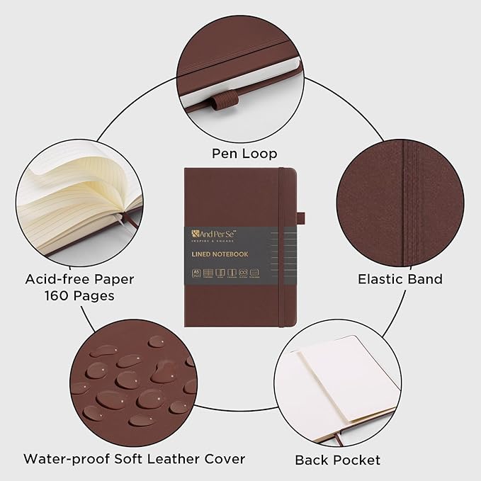 &And Per Se Lined Journal Notebook, 160 Pages, A5 5.7 x 8 inches College Ruled Thick Paper Notebook Journals for Writing, Hardcover Notebooks for Women Men Office School (1 Pack, Chocolate)