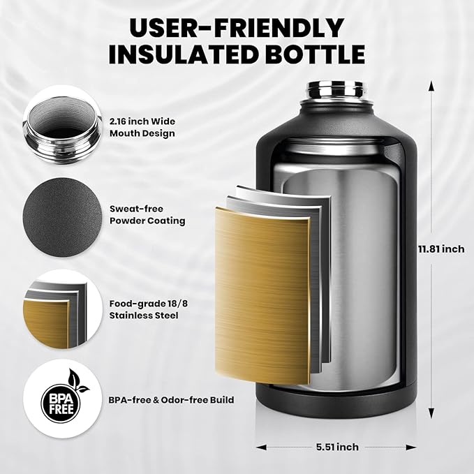 One Gallon Water Bottle Insulated, Triple Walled Vacuum Stainless Steel (Cold for 48 Hrs), Leak Proof & Non-BPA, Large Water Flask Jug with Paracord Handle & Straw Spout Lids