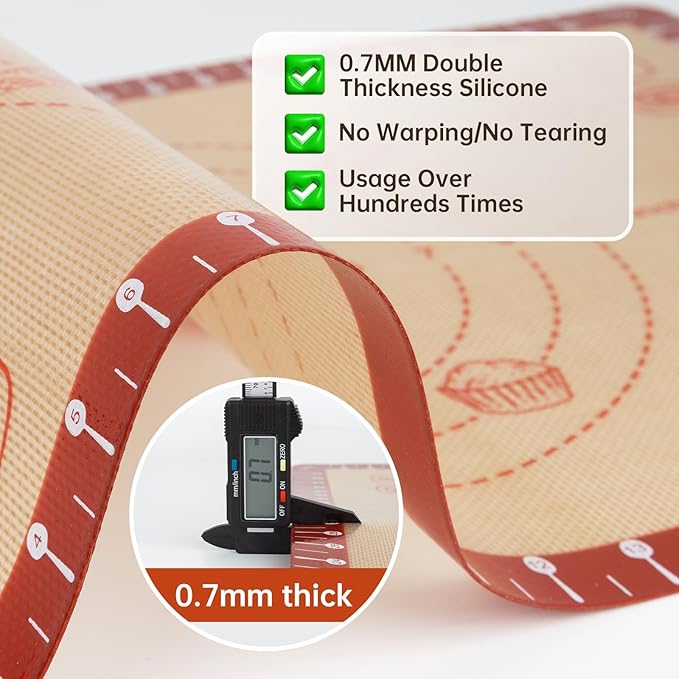 Silicone Baking Mat with Recipes, Extra Thick Silicone Mats for Baking, Non Stick Pastry Mat for Rolling Dough, Silicone Macaron Baking Mat for Cookie,Bread,Pizza,Fondant Mat, Oven&Dishwasher Safe