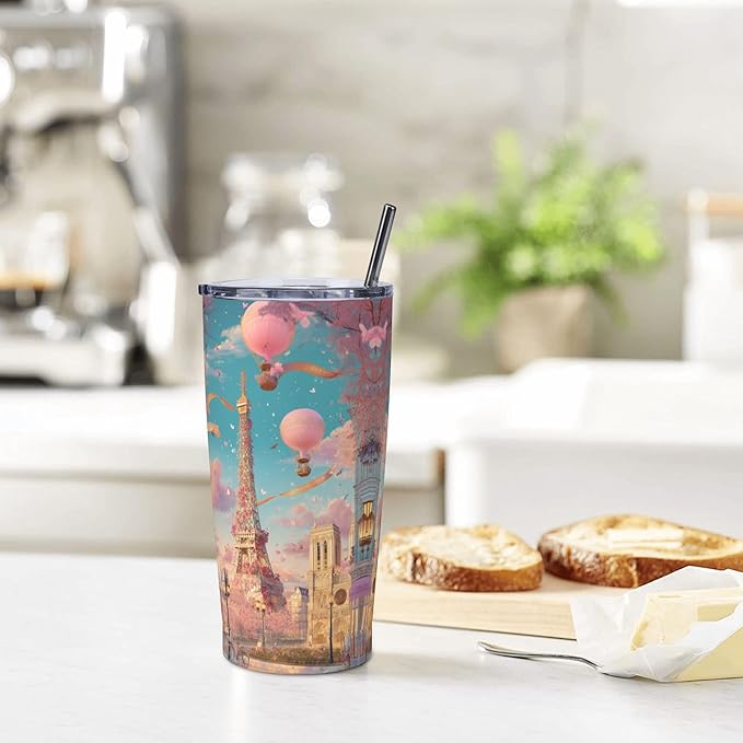 Paris Eiffel Tower Tumbler with Lid and Straw 20oz Coffee Tumblers Leakproof Stainless Steel Travel Mug Vacuum Insulated Cup for Iced and Hot