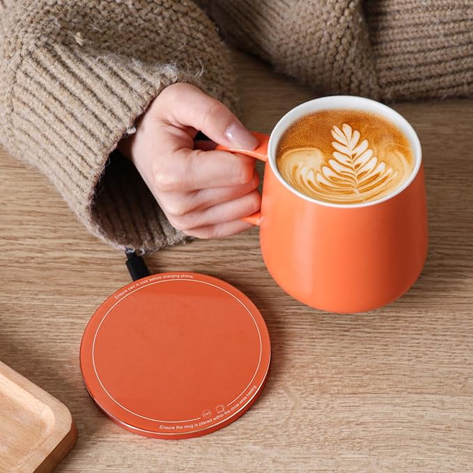 APEKX Self-Heating Ceramic Coffee Mug - Stable 130°F Temperature, 15W Wireless Phone Charging, 12.8 fl oz Capacity - USB-C Enabled. (Tangerine)