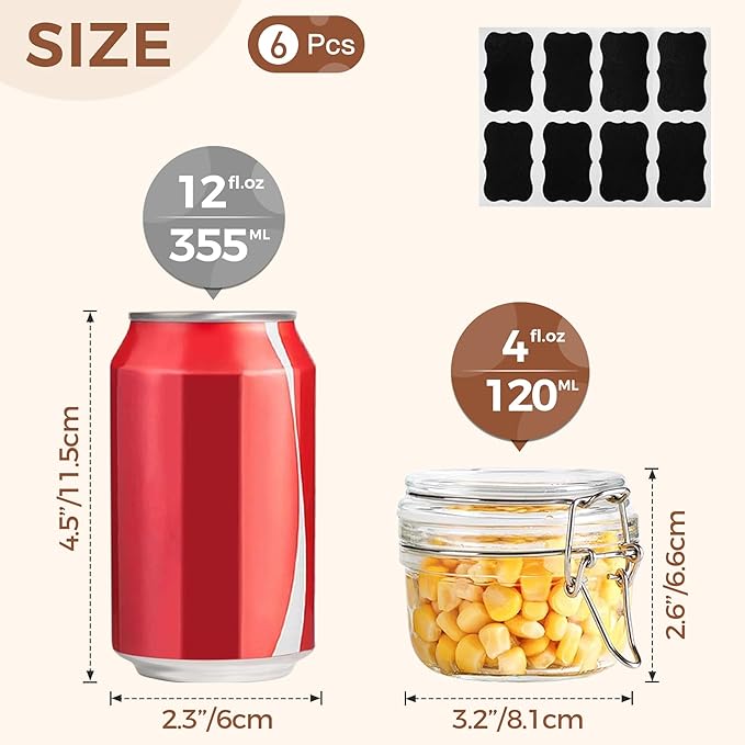ComSaf 4oz Small Airtight Glass Jars Set of 6 with Lids Food Storage Jar Round, Mason Jar, Mini Storage Container with Clear Preserving Seal Wire Clip Fastening for Kitchen Canning, Jam, Spice, Honey