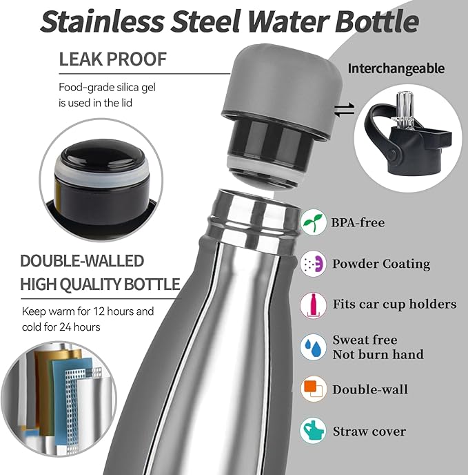 Insulated Water Bottle,17oz Stainless Steel Water Bottles with straw lid,Metal Sports Thermos Water Bottles for Boys,Girls,Double Wall Vacuum BPA-Free Flask for School, Sports (Grey)