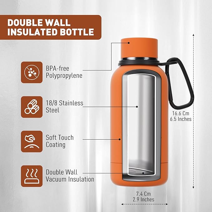 Small Water Bottle 12oz with Clip, Double Wall Stainless Steel Vacuum Small Insulated Water Bottle Keeps Drinks Cold 24 Hrs/Hot 12 Hrs for Kids Handbag School BPA Free (Bright Orange)