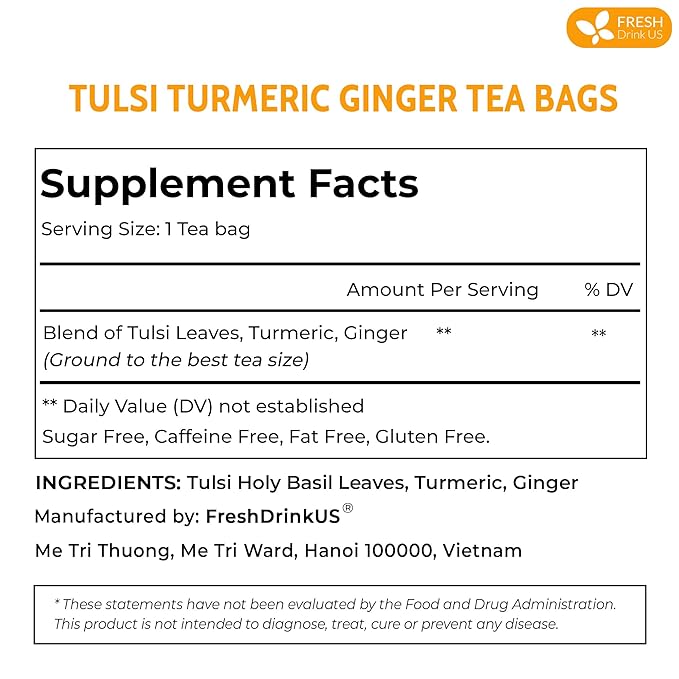FreshDrinkUS, Premium 75 Tulsi Turmeric Ginger Tea Bags, 100% Natural & Pure from Tulsi Holy Basil Leaves, Turmeric and Ginger. Made with Natural Material Tea Bags. No Sugar, No Caffeine, Vegan.
