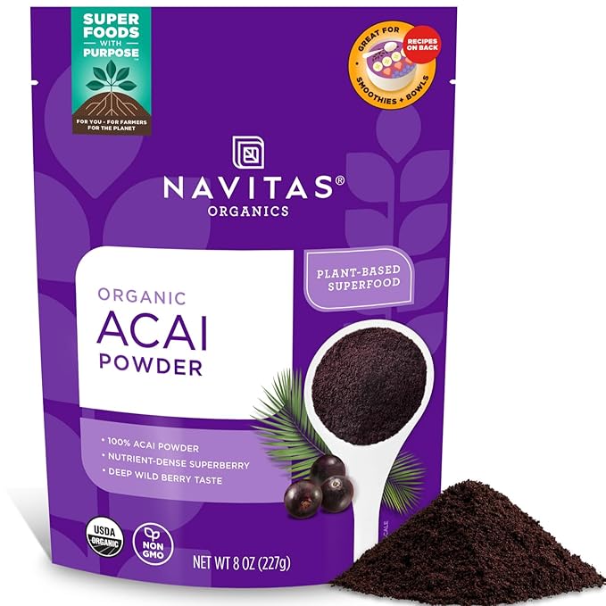 Navitas Organics Acai Powder – for Smoothie Bowls, Oatmeal, Dips, Sauces & More – Antioxidants, Omega 3 6 9, Fiber - USDA Organic, Non GMO, Kosher, Gluten Free, Keto (8oz. Bag, 76 Servings)