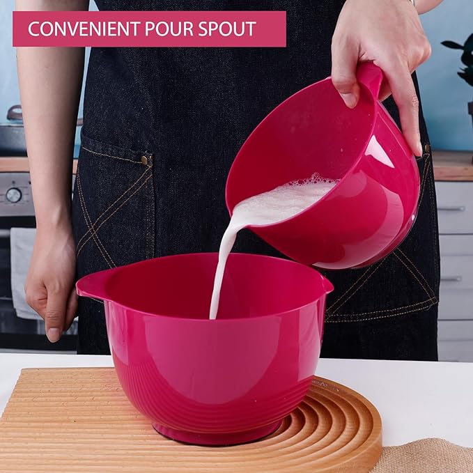 BoxedHome Nesting Plastic Mixing Bowl Set, 4 Piece Mixing Bowl Set with Pour Spouts, Size 1.7, 2.5, 3.5 and 4.5qt, for Prepping, Mixing, Baking, Cooking, Deep Carmine