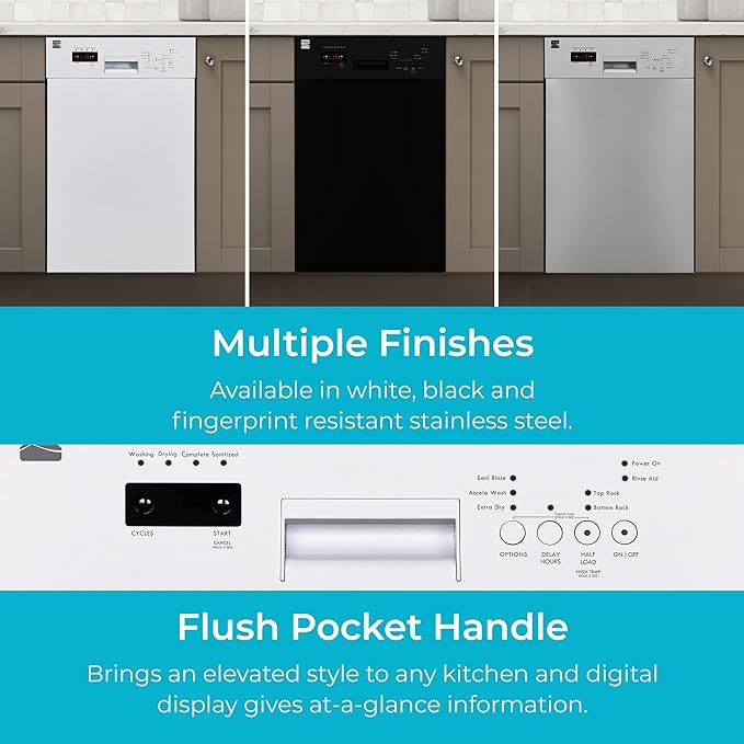 Kenmore 18" Built-in Stainless Steel Tub Dishwasher EasyFlex 3rd, SmartWash, UltraWash Plus, TurboDry, MoreSpace Adjustable Rack, Energy Star Certified, White