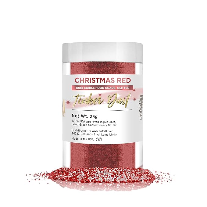 BAKELL Christmas Red Edible Glitter, 25 Grams | TINKER DUST Edible Glitter | KOSHER Certified | 100% Edible Glitter | Cakes, Cupcakes, Cake Pops, Drinks, Dessert Vegan Glitter & Dusts (25g, Christmas Red)