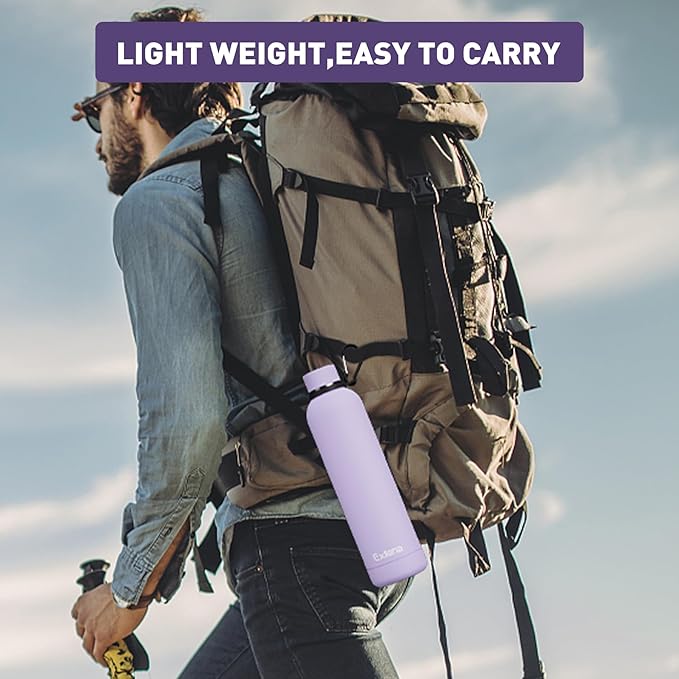 Slim Insulated Water Bottles for Travel 32oz with Clip, Double Wall Vacuum Stainless Steel Water Bottle Keeps Drinks Cold 24 Hrs/Hot 12 Hrs, 100% Leakproof, BPA Free(Purple)