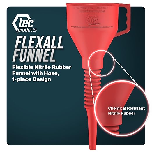 FlexAll Long Flexible Funnel for Automotive Use - Durable Nitrile Rubber - Ideal for Car Oil Change, Transmission Funnel Fluid, Diesel, Fuel, Gas - Made in USA - Red (12 x 4 Inches)