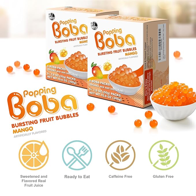 J WAY Bursting Popping Mango Boba Pearls, Mango Syrup, Non-Dairy, Fat-Free Popping Tapioca Boba for Beverages, Sweets, Ice Cream, 1.8oz (Pack of 6)