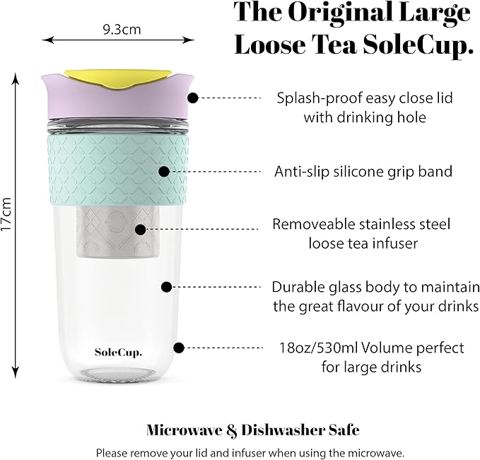 Large Travel Mug Loose Tea Infuser - Detachable Tea Strainer with Spill Proof Lid - 18oz/530ml BPA-Free Reusable Glass Travel Coffee Cup with Silicone Band (Pink) (Ice Cream)