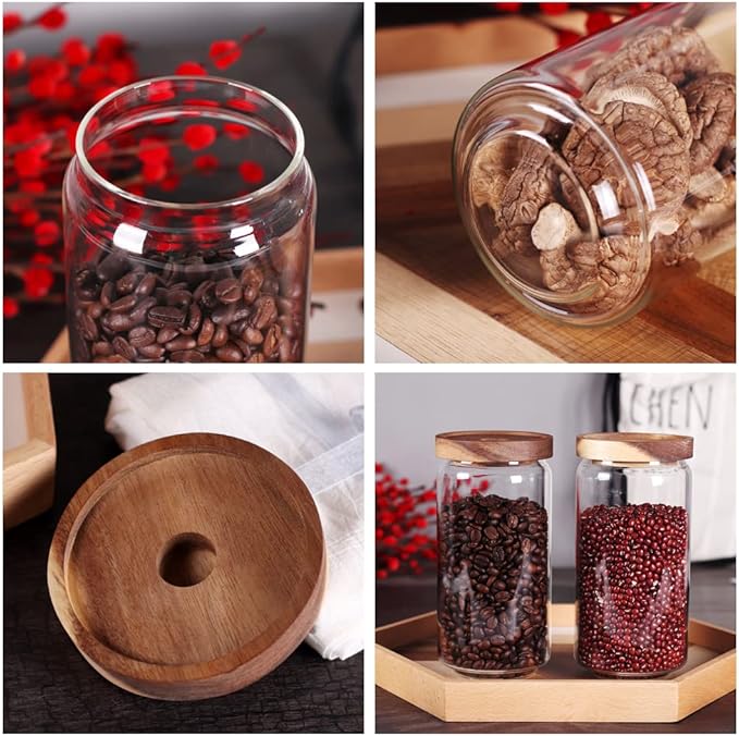 SAIOOL Home Borosilicate Glass Kitchen jars/Canisters with Acacia Wood Airtight Lid Set-2 Pack 30Oz/900ml,Minimalist Preprinted Farmhouse Style. White Matte Sticker Black Text.