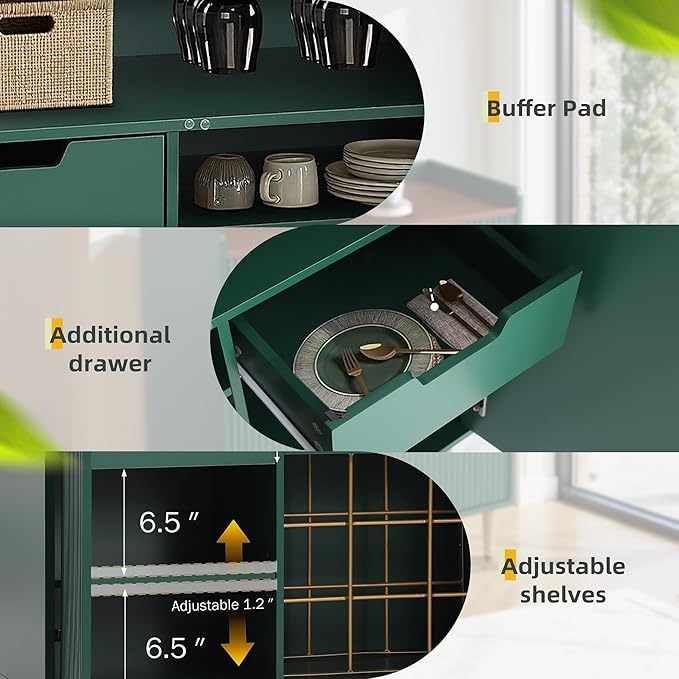 Wine Bar Cabinet Sideboard Buffet Cabinet with Wine Rack & Coffee Bar Station - Adjustable Shelves, Glass Holder and Storage Drawers for Kitchen, Dining Room, Living Room Green