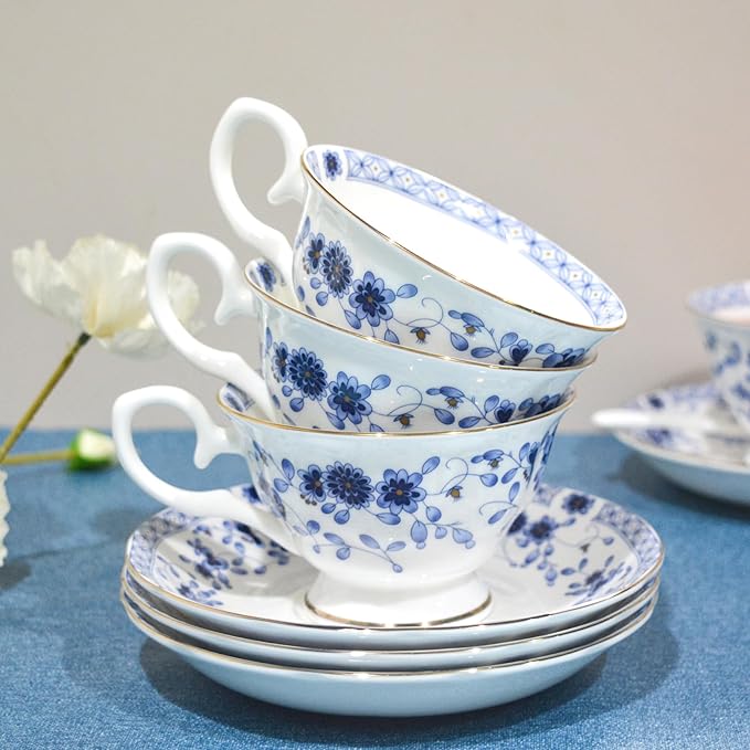 Bone China Tea Set, 21-Pieces Porcelain Tea Set for Adults, Tea Cups And Saucers for 6, with Teapot, Spoons, Sugar Bowl, Creamer Pitcher, Vintage Tea Set for Women Tea Party (Blue)