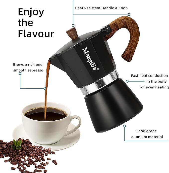 Mongdio Stovetop Espresso Maker Moka Pot, Cuban Coffee Maker Stove top coffee maker Moka Italian Espresso Greca Coffee Maker Brewer Percolator, 6 Espresso Cups, 10 oz - Black