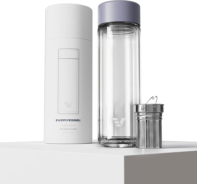 Glass Multi Tea Infuser Bottle 14oz - Double Wall Borosilicate Glass Flask | No Plastic Touches Contents | Perfect for Office or Home - Purple