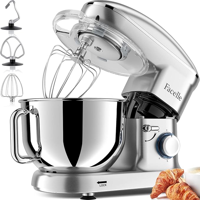 Facelle Stand Mixer, Electric Kitchen Mixer, 6 Speed Tilt-Head Stand Mixer with Pulse, Attachments include 6.5QT Bowl, Dishwasher Safe Beater, Dough Hook, Whisk for Dough, Baking,Cakes, Cookie -Silver