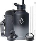 BUZIO 64 oz Water Bottle Insulated with Straw & 3 lid and Carrying Pouch, Leak Proof Half Gallon Stainless Steel Water Flask Jug, Cold for 48 Hrs Double Vacuum Thermo Canteen, BPA-Free, Shadow