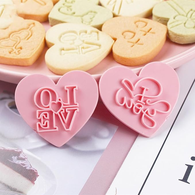 10 Pcs Heart Cookie Cutter Set, 3D Pressable Biscuit Cutter and Stamps, Valentine's Day Cookie Molds Wedding Party DIY Cake Decorating Kit (D)