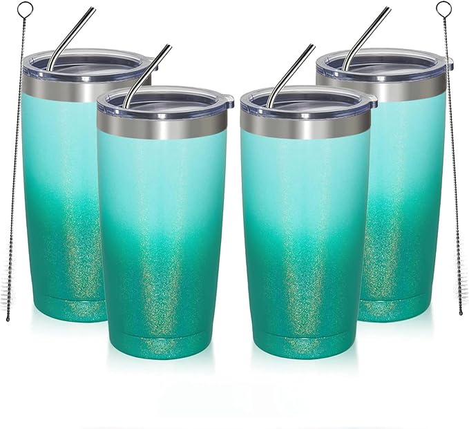 MEWAY 20oz Tumbler 4 Pack Double Wall Vacuum Insulated Travel Glitter Mug Bulk, Stainless Steel Tumblers with Lid and Straw, Powder Coated Coffee Cups for Woman(Gradient Green,Set of 4)