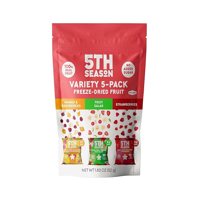 5th Season Freeze Dried Fruit Snacks Variety Pack - 100% 2 count Strawberries, 2 count Fruit Salad, 1 count Mango & Raspberries (5 Pack, 80g each)